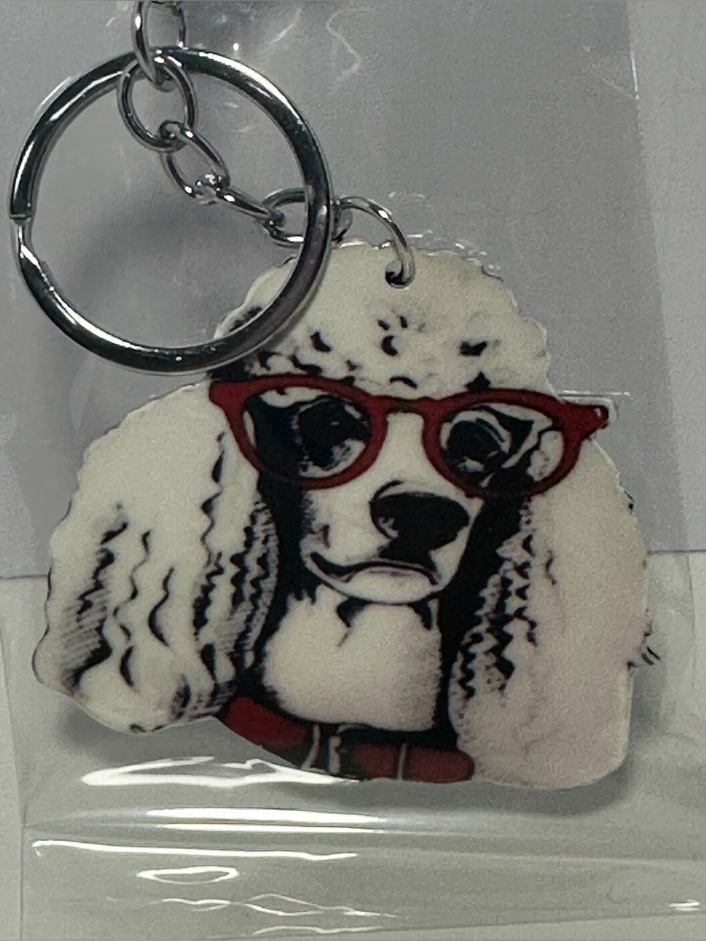 Stylish White Poodle Keychain with Red Glasses - Pet Accessory